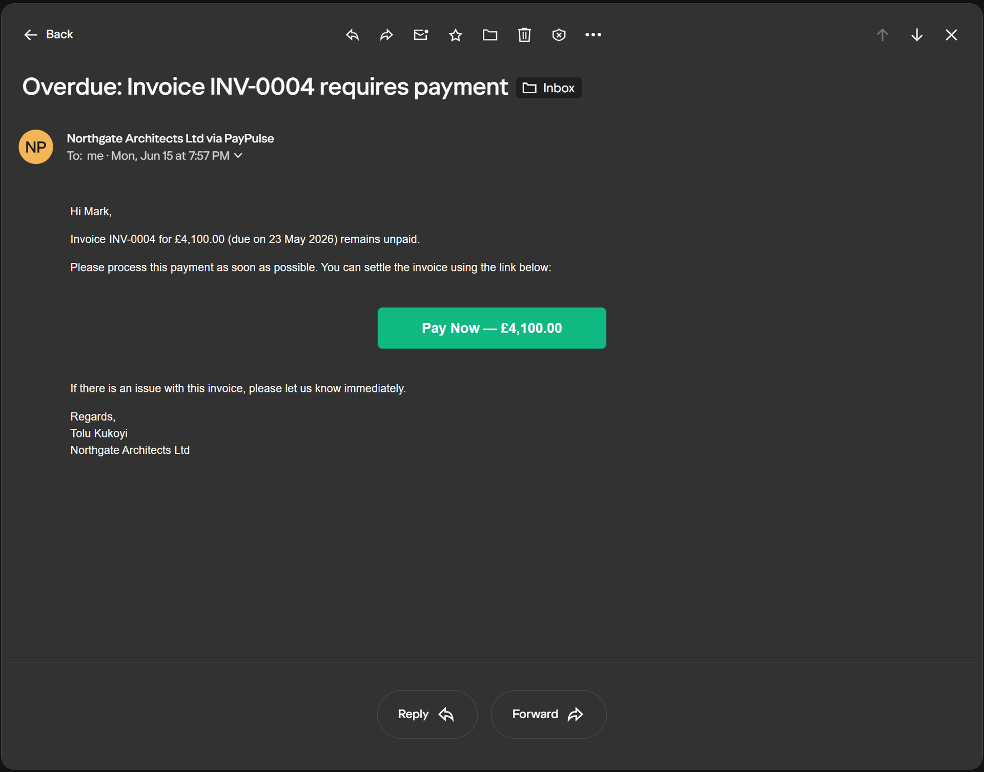 A customer's email inbox showing perfectly timed, branded reminders delivered by PayPulse