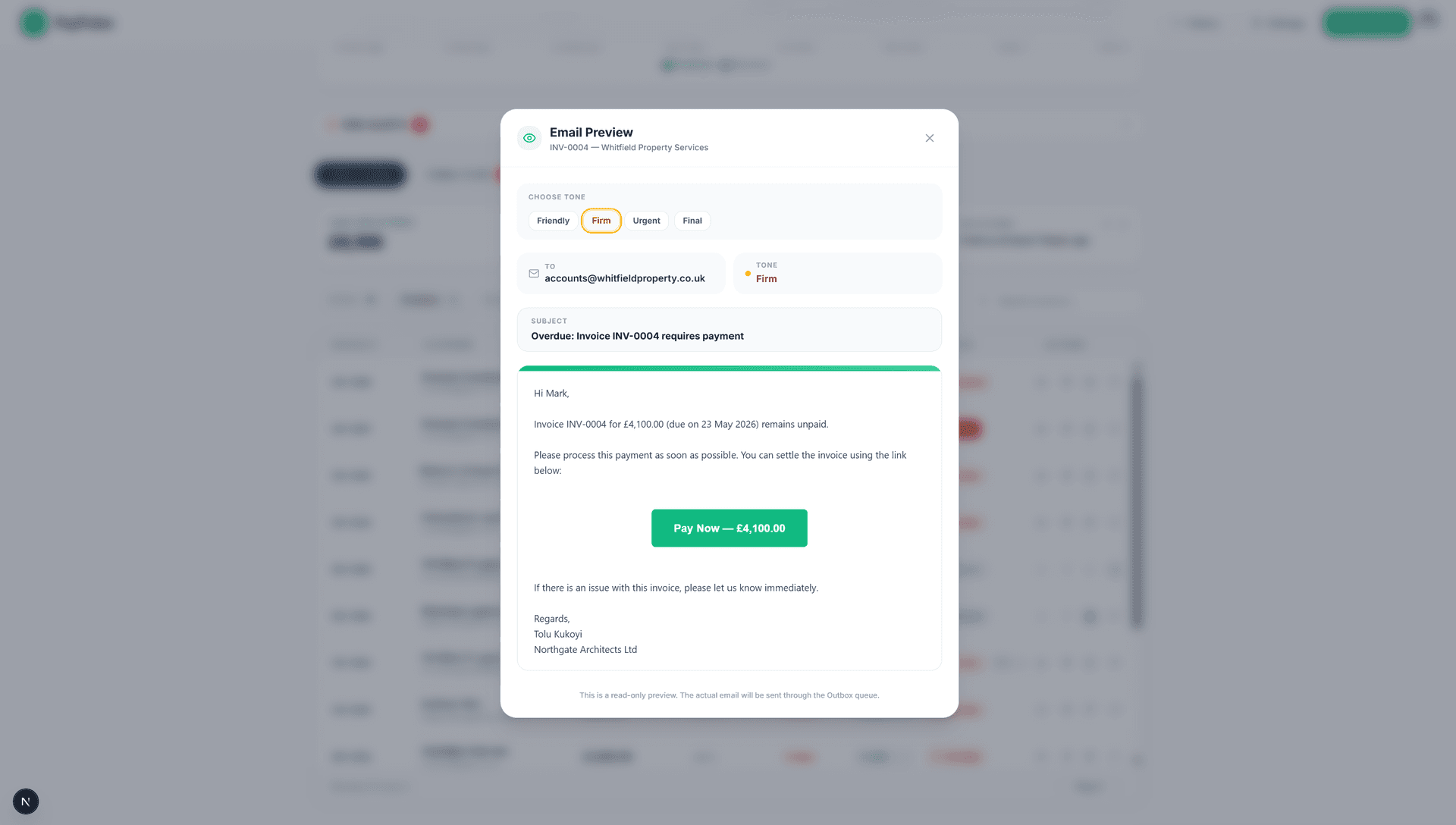 Reminder draft preview with tone selection and one-click editing.